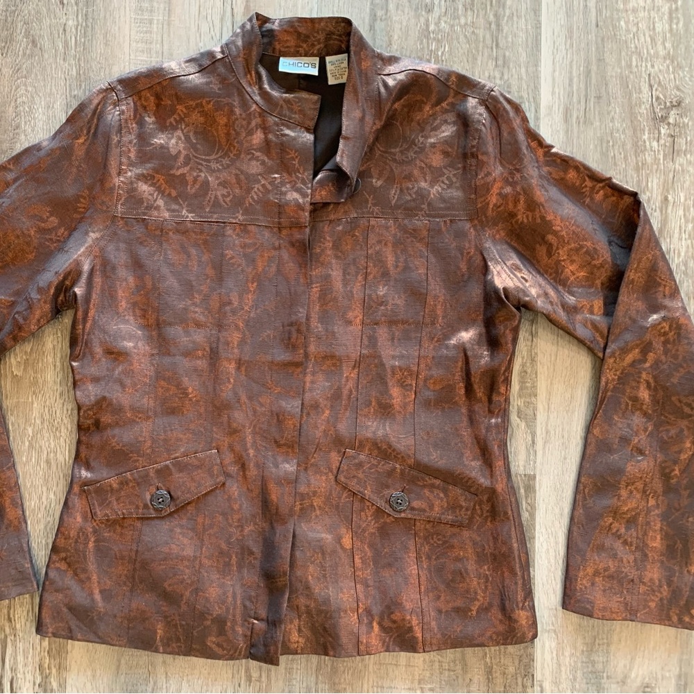 Chico’s Silk Blend Brown Button Front  Long Sleeve Mandarin Collar Jacket Sz 0